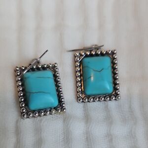 Turquoise Stone Silver-Frame Drop Earrings